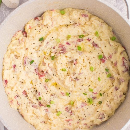 Steakhouse style garlic mashed potatoes in cooking pot