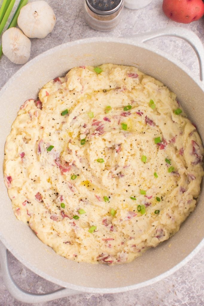 Steakhouse style garlic mashed potatoes in cooking pot