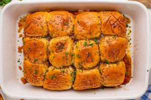 cooked BBQ Deli Chicken Sliders in a baking dish