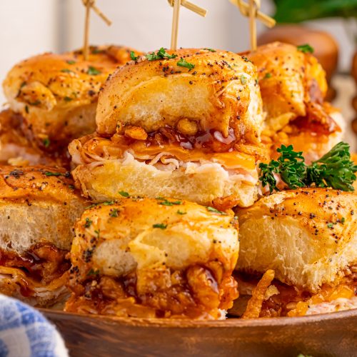 BBQ Deli Chicken Sliders Stacked on Plate