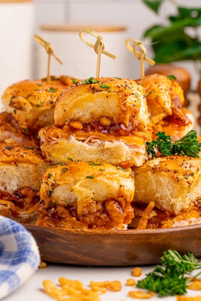 BBQ Deli Chicken Sliders Stacked on Plate