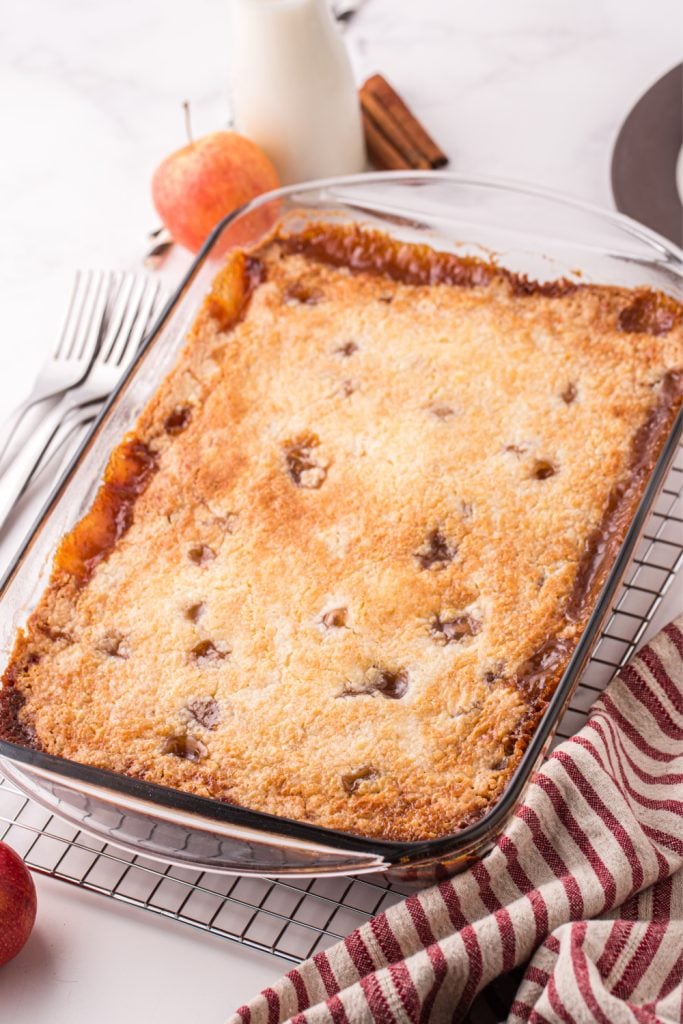 Caramel apple cake in baking pan