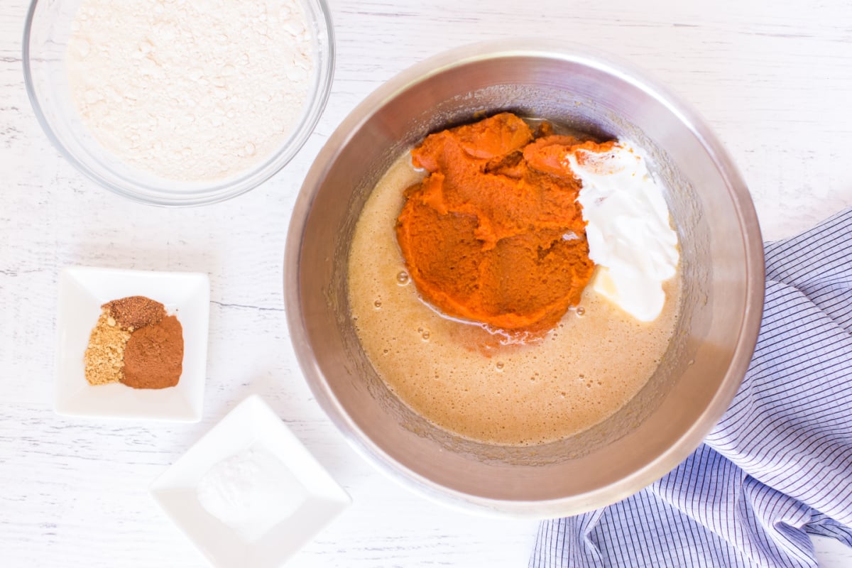 Add pumpkin puree and sour cream to mixture