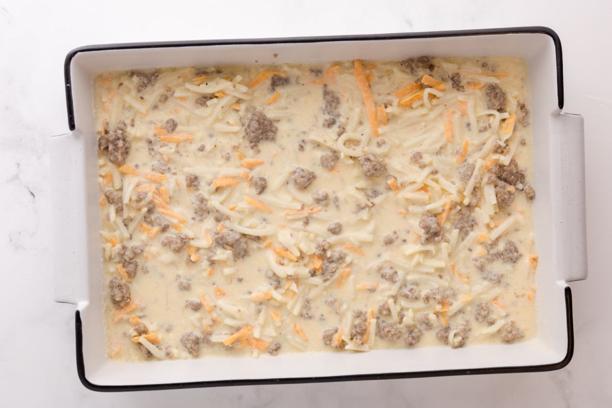 Place egg mixture into prepared baking dish