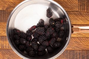 blackberries and sugar in a cooking pot