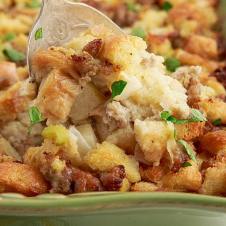 Sausage and Apple Stuffing in a baking dish