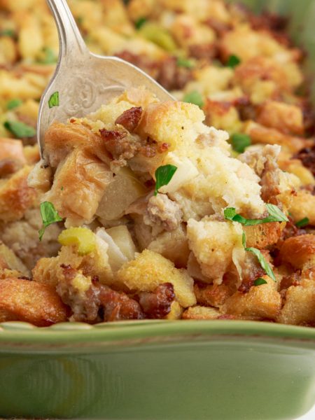 Sausage and Apple Stuffing in a baking dish