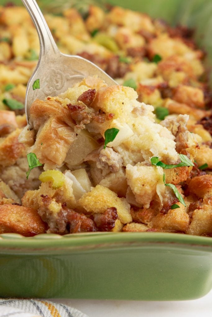 Sausage and Apple Stuffing in a baking dish
