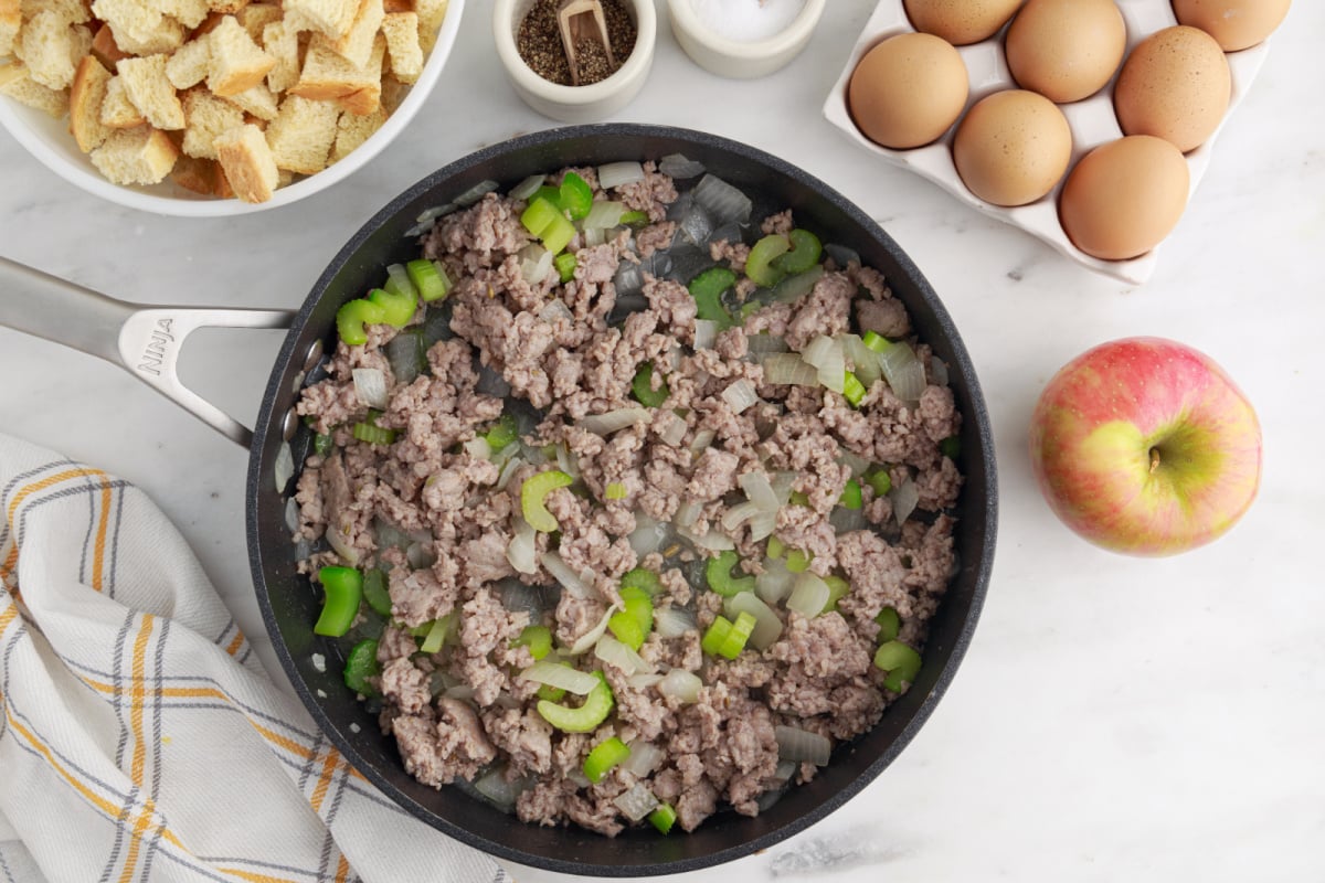 Beef and vegetables browned in pan