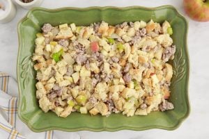 Sausage and Apple Stuffing in a baking dish