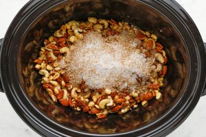 brown sugar, white sugar, cinnamon and salt added to slow cooker