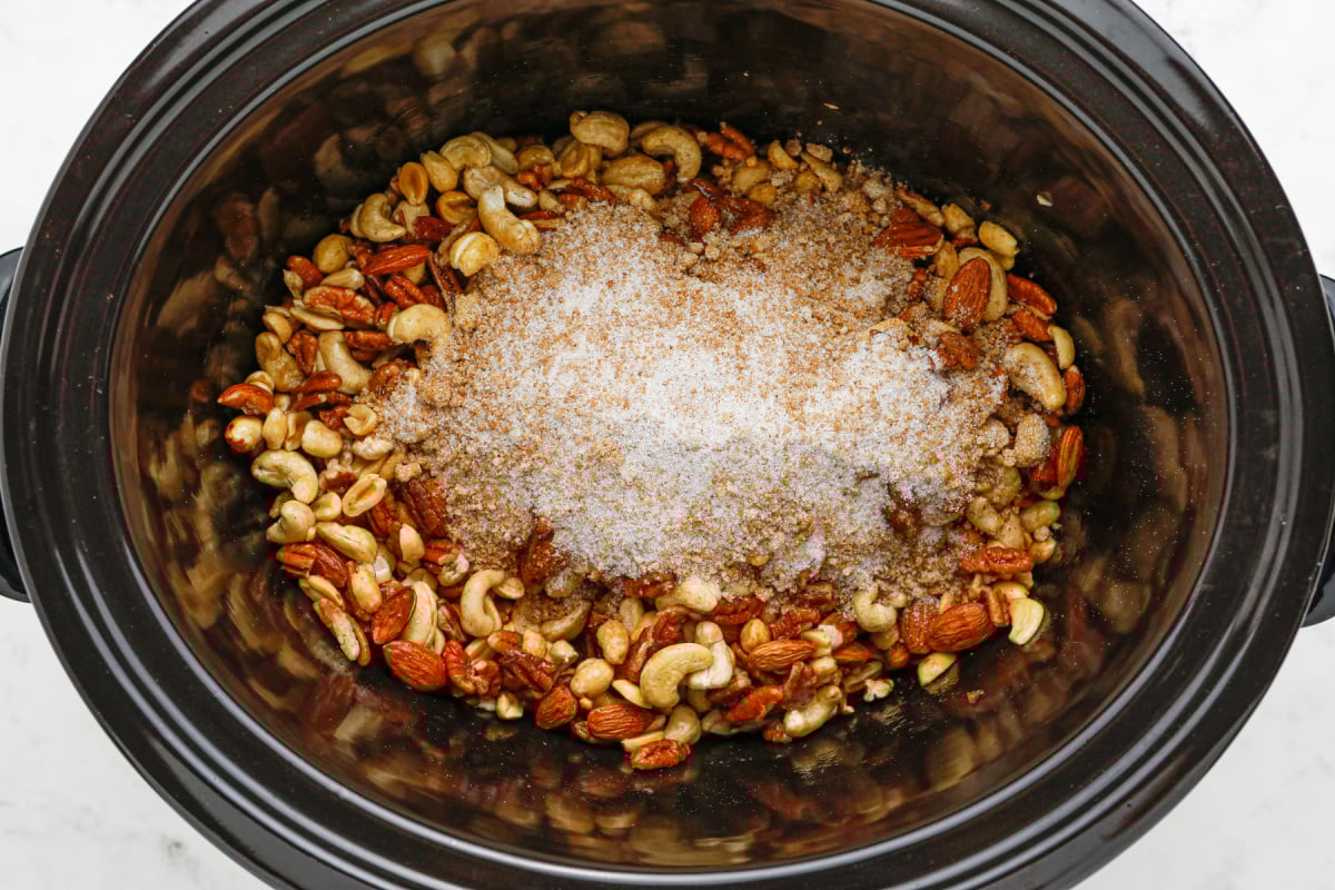 brown sugar, white sugar, cinnamon and salt added to slow cooker