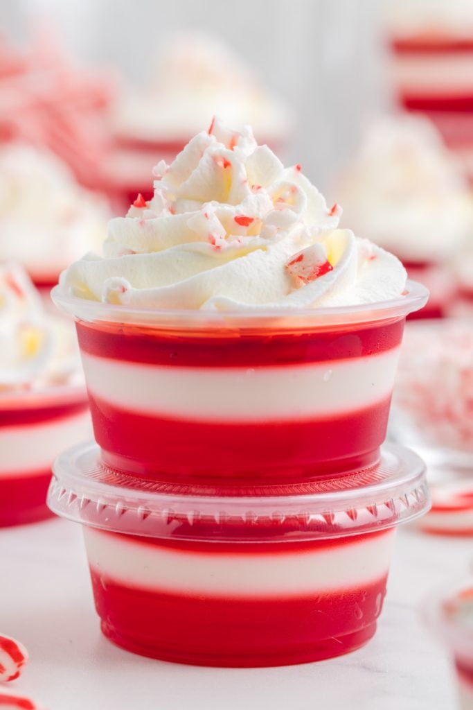 Candy Cane Jello Shots stacked up