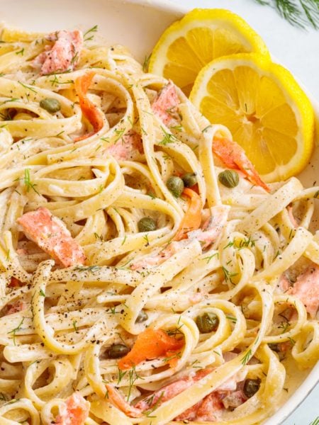 Creamy Smoked Salmon Pasta in a pan