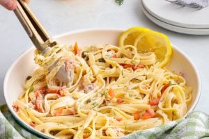 Creamy Smoked Salmon Pasta in a pan