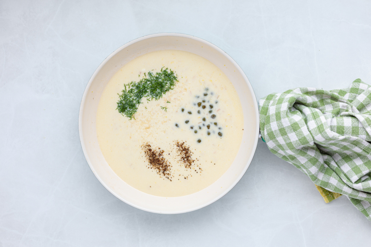 Add dill, capers, black pepper and a pinch of salt to the pan