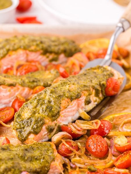 Sheet Pan Pesto Salmon Dinner on a baking dish