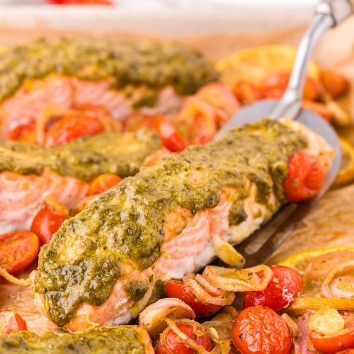 Sheet Pan Pesto Salmon Dinner on a Griddle