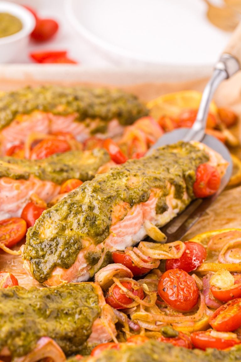 Sheet Pan Pesto Salmon Dinner on a baking dish