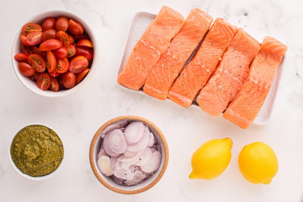 Ingredients for Sheet Pan Pesto Salmon Dinner