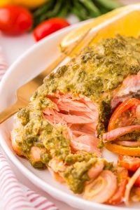 Sheet Pan Pesto Salmon Dinner on a plate
