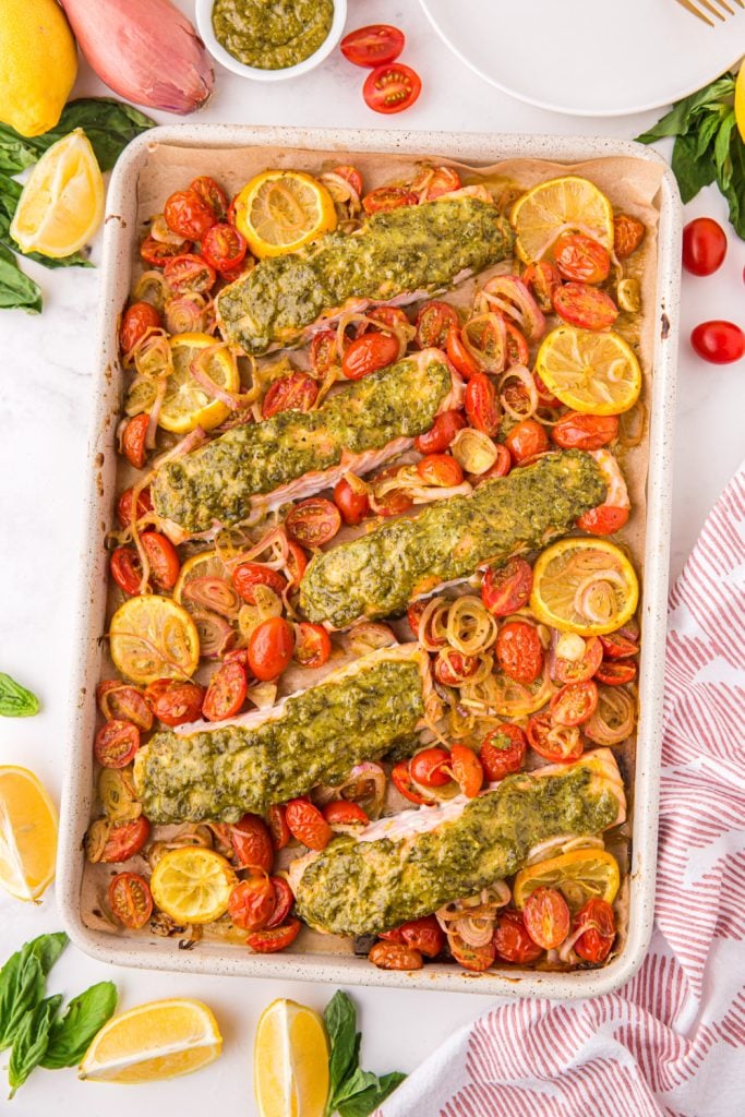 Sheet Pan Pesto Salmon Dinner on a Sheet Pan