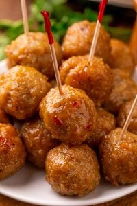 Slow Cooker Brown Sugar Glazed Meatballs on a plate