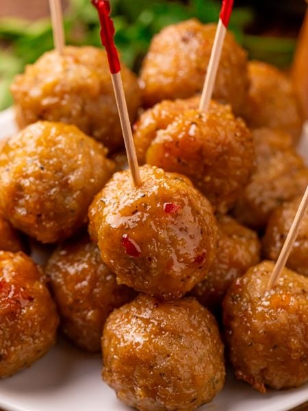 Slow Cooker Brown Sugar Glazed Meatballs on a plate