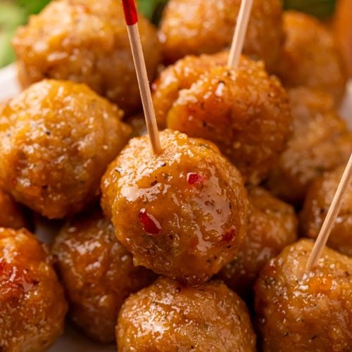 Slow cooker brown sugar glazed meatballs on a plate