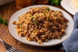 beef and rice casserole on a plate