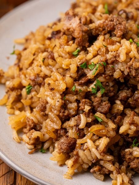 Stick of Butter Beef and Rice Casserole on a plate