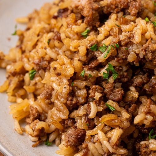 Butter Beef and Rice Casserole on a Plate