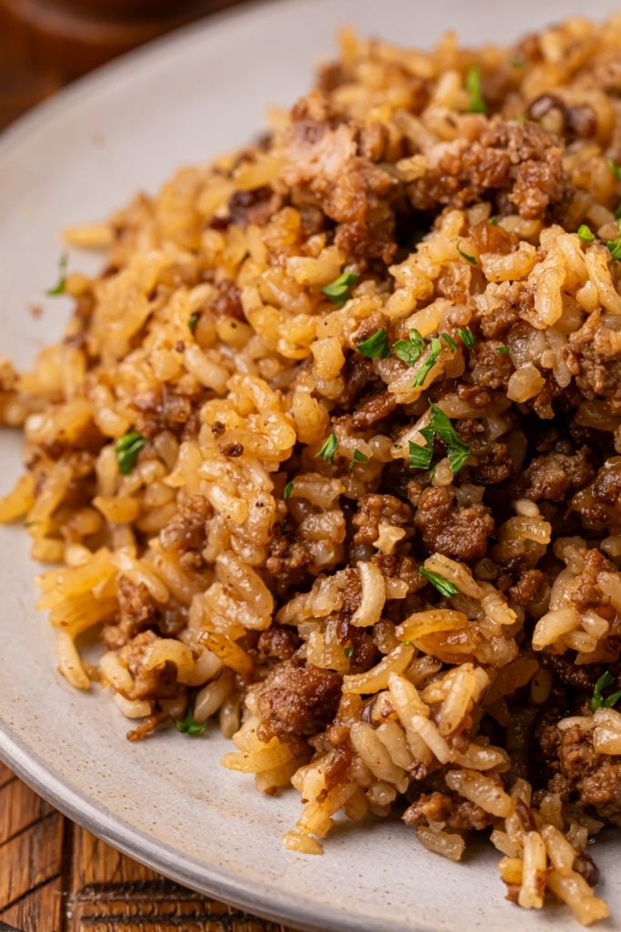 Butter Beef and Rice Casserole on a Plate
