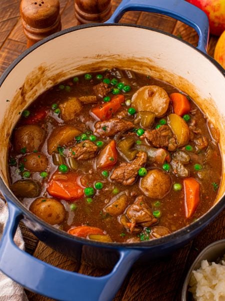 Apple Cider Beef Stew in a dutch oven