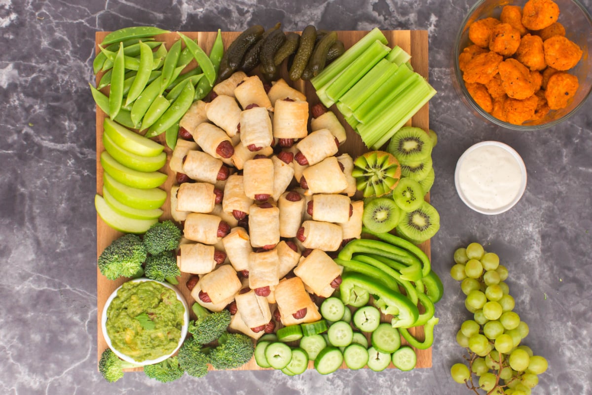 Add green fruits, vegetables and dips to your plate