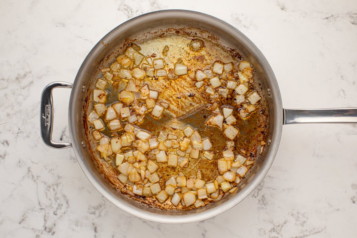 Dice the onion and add the broth to the pot