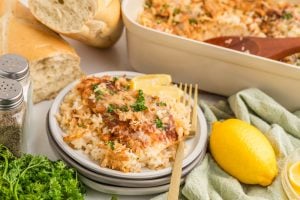 Baked Fish and Rice on a plate