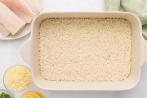 cooked rice in baking dish