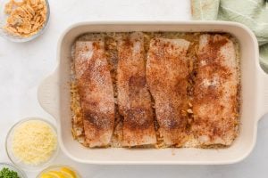 onions and seasoned fish on top of rice