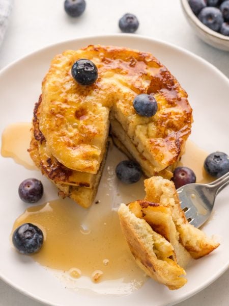 English Muffin French Toast on a plate with blueberries