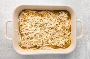 Green Chicken Enchilada Casserole in baking dish