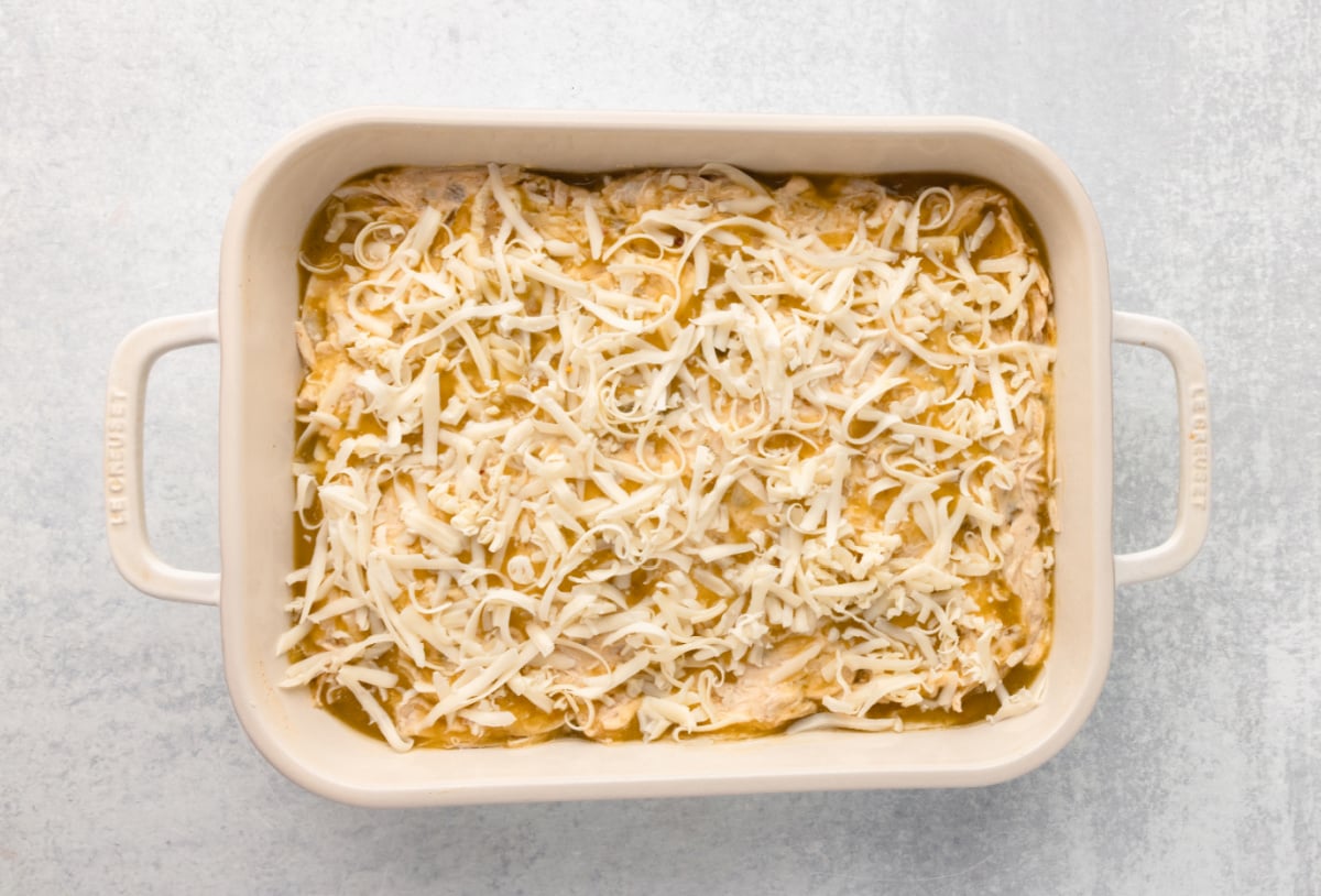 Green Chicken Enchilada Casserole in a Baking Pan