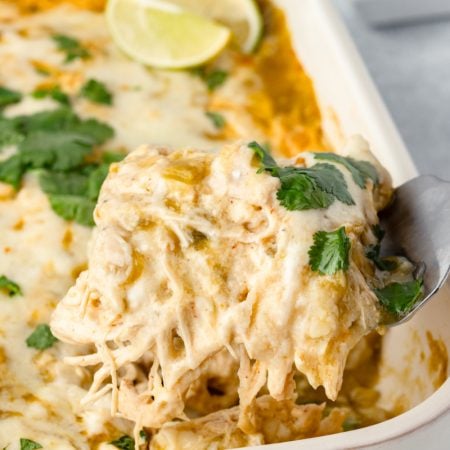 Green Chicken Enchilada Casserole in a baking dish