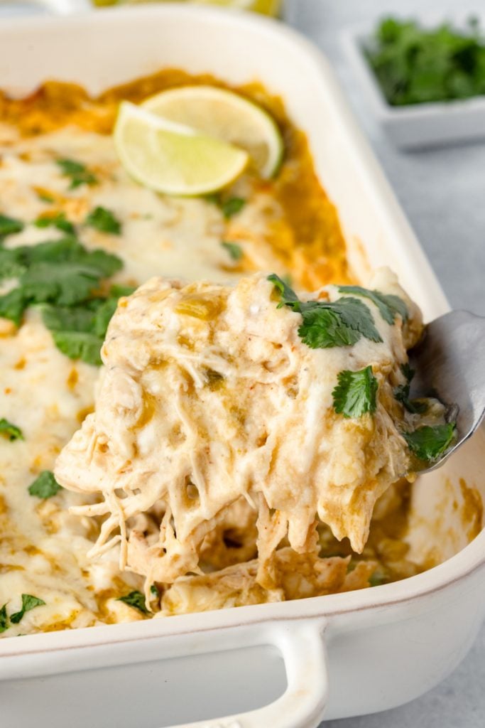 Green Chicken Enchilada Casserole in a Baking Pan