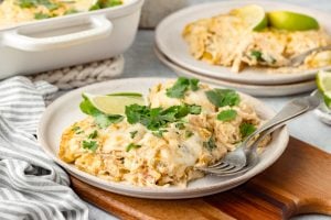 Green Chicken Enchilada Casserole on a plate