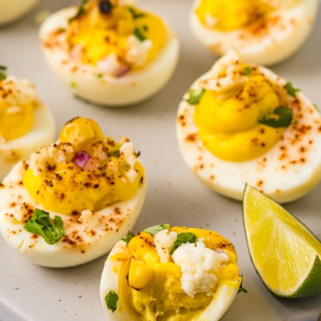 Mexican Street Corn Deviled Eggs on a plate