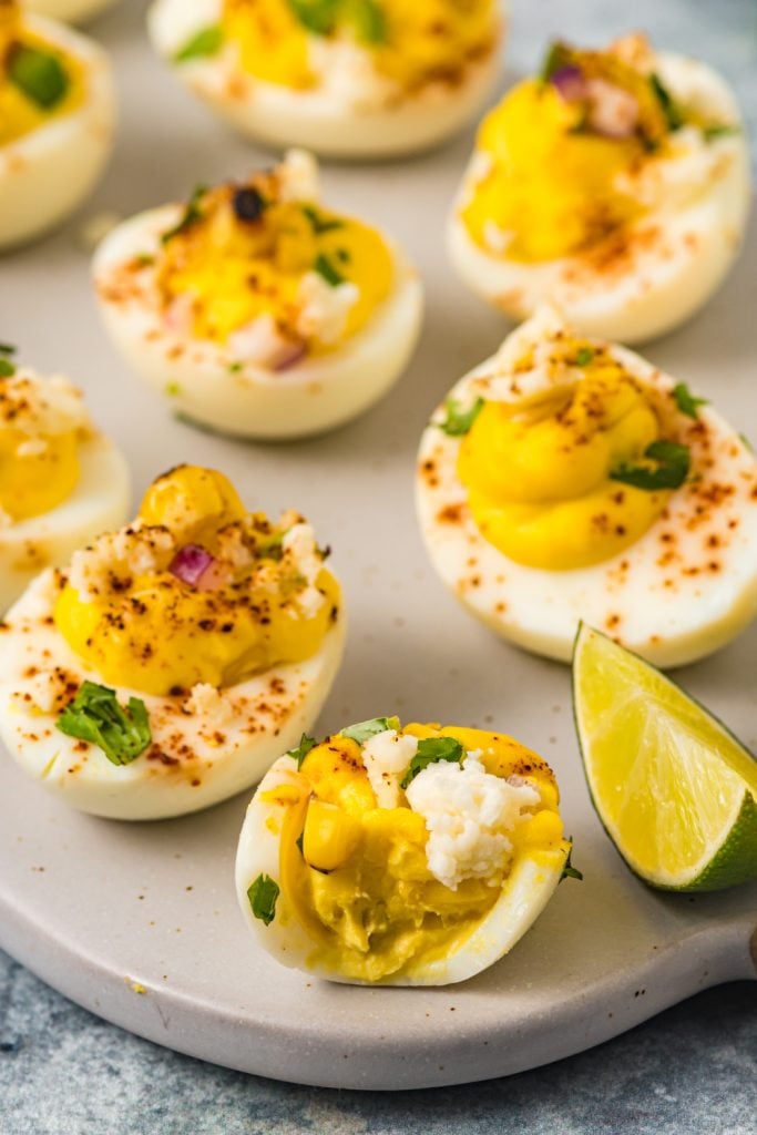 Mexican street corn deviled eggs on a plate
