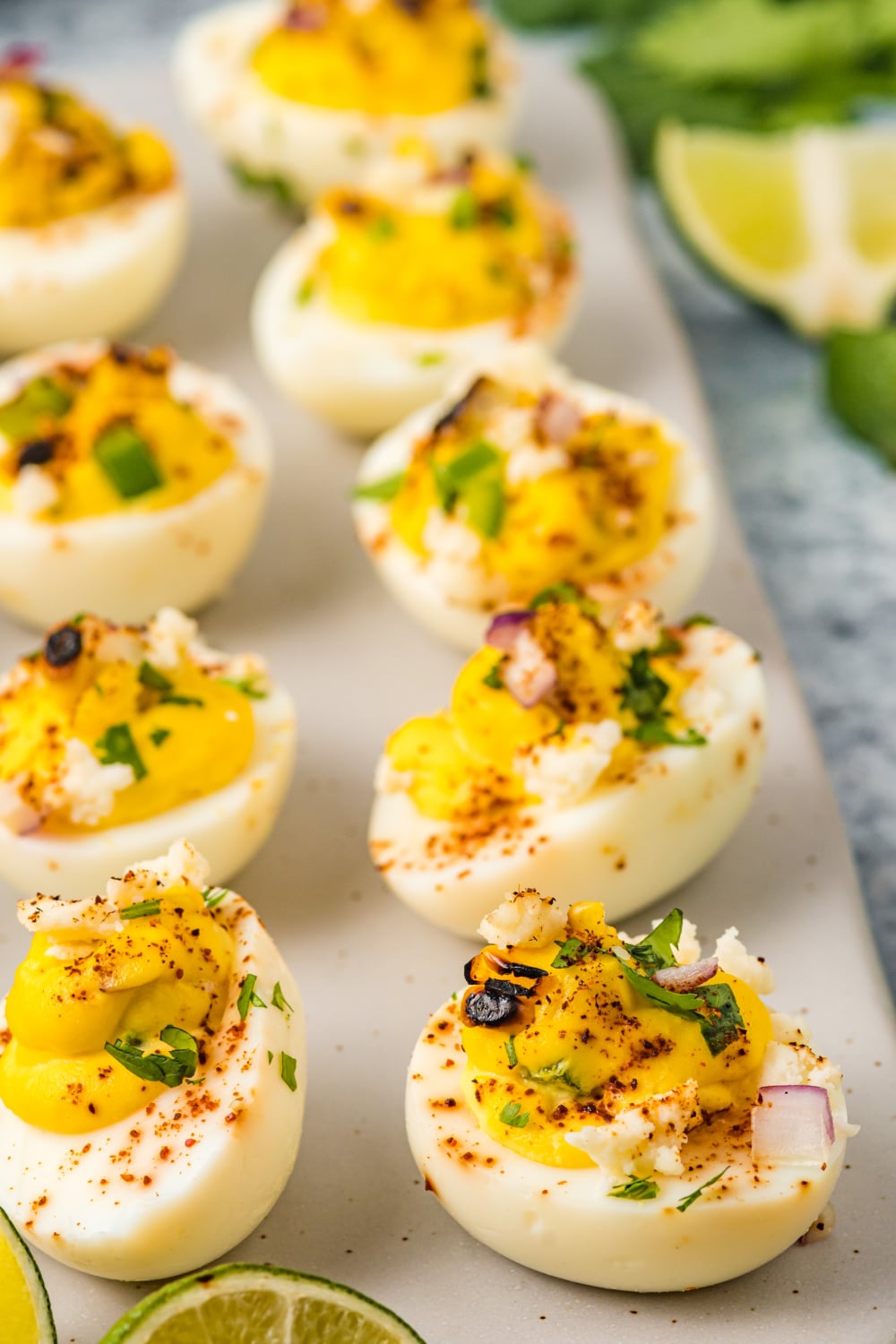 Mexican street corn deviled eggs on a plate