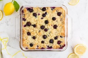Blueberry Lemon Pie Bars in a baking dish