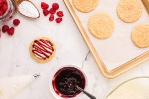 raspberry sauce drizzled on top of cookie